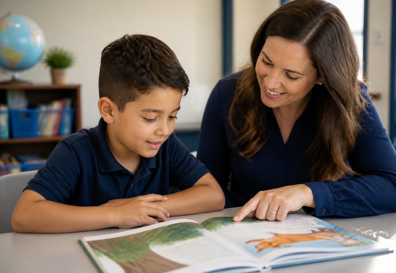 A tutor guiding a young student through a reading passage