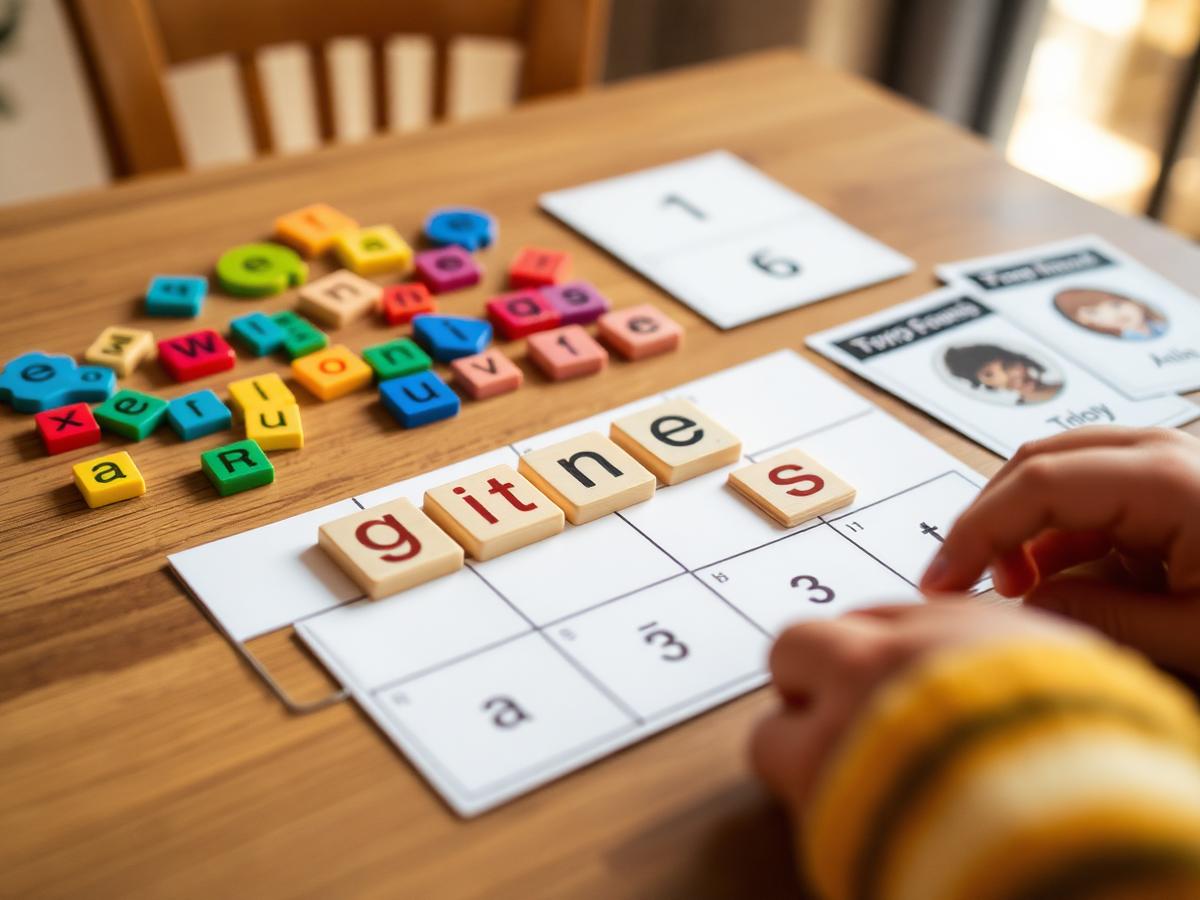 Letter tiles arranged to build words during a phonics lesson